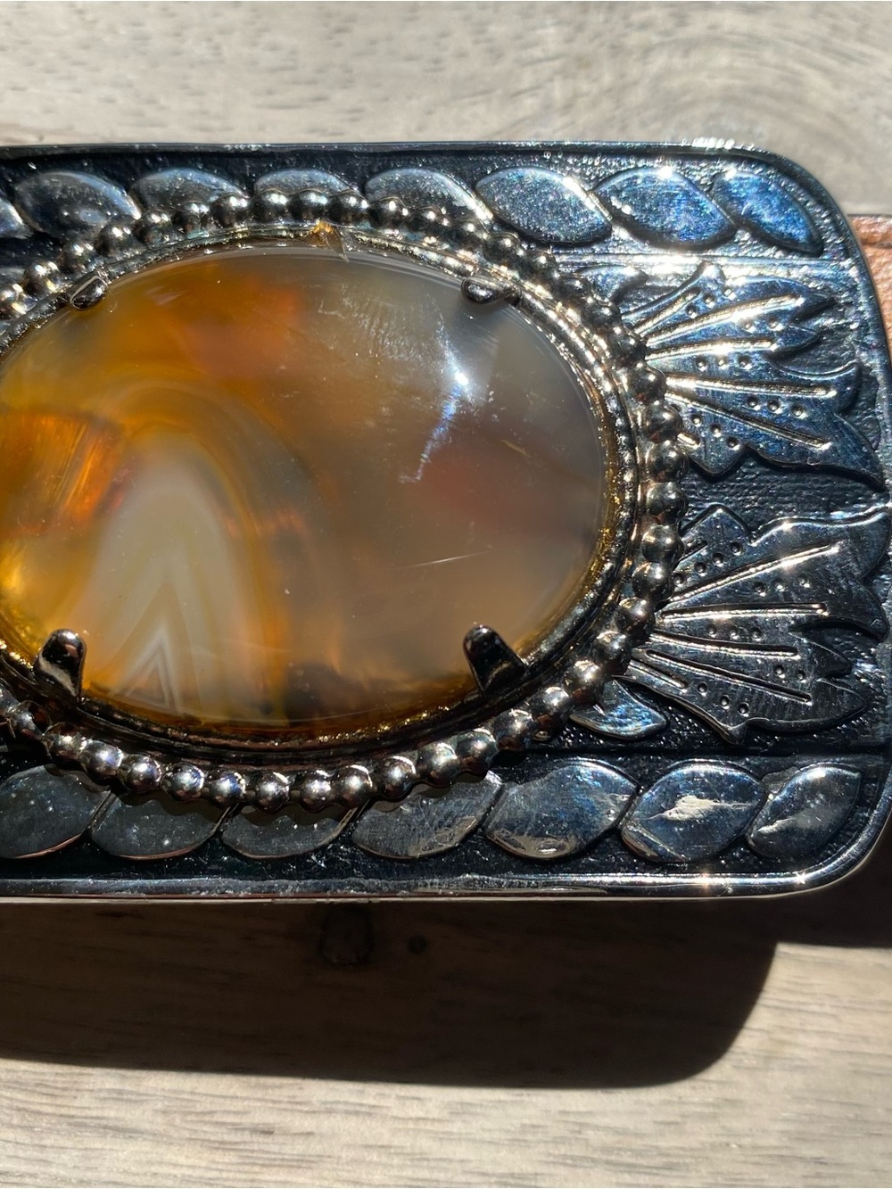 Justin Boots Men’s Leather Belt With Large Agate Stone Silver Buckle Size 36